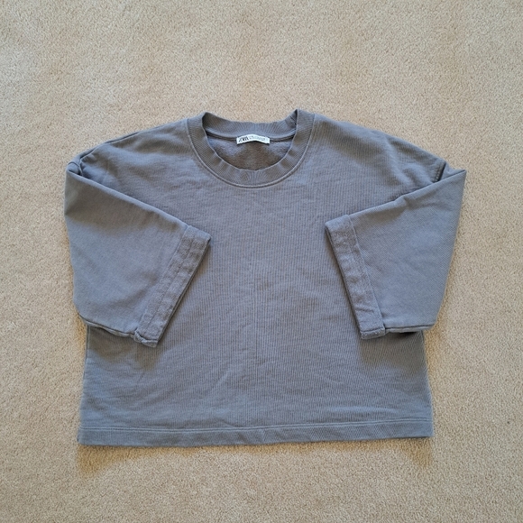 Zara Cropped Sweatshirt Size Medium Grey Crewneck Short Sleeved Casual - Picture 6 of 10